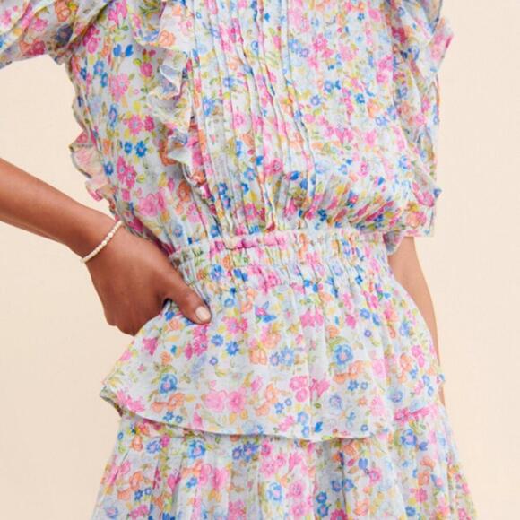 LoveShackFancy Natasha Blue Ditsy Floral Tiered Mini Dress Size M - Picture 4 of 14